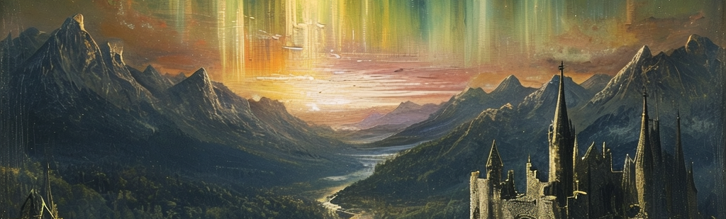 Fantasy landscape of Britannia with castle and sunset